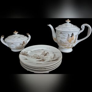 Vintage Kutani Porcelean Set, with Teapot, Plates and Sugar Bowl